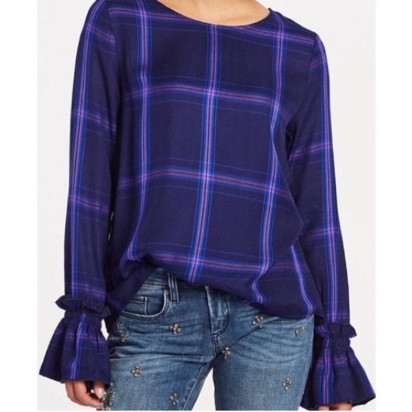 ⚡️$10⚡️Sanctuary | Purple/Blue Plaid Flannel Ruffled-Cuff Top - Picture 2 of 16